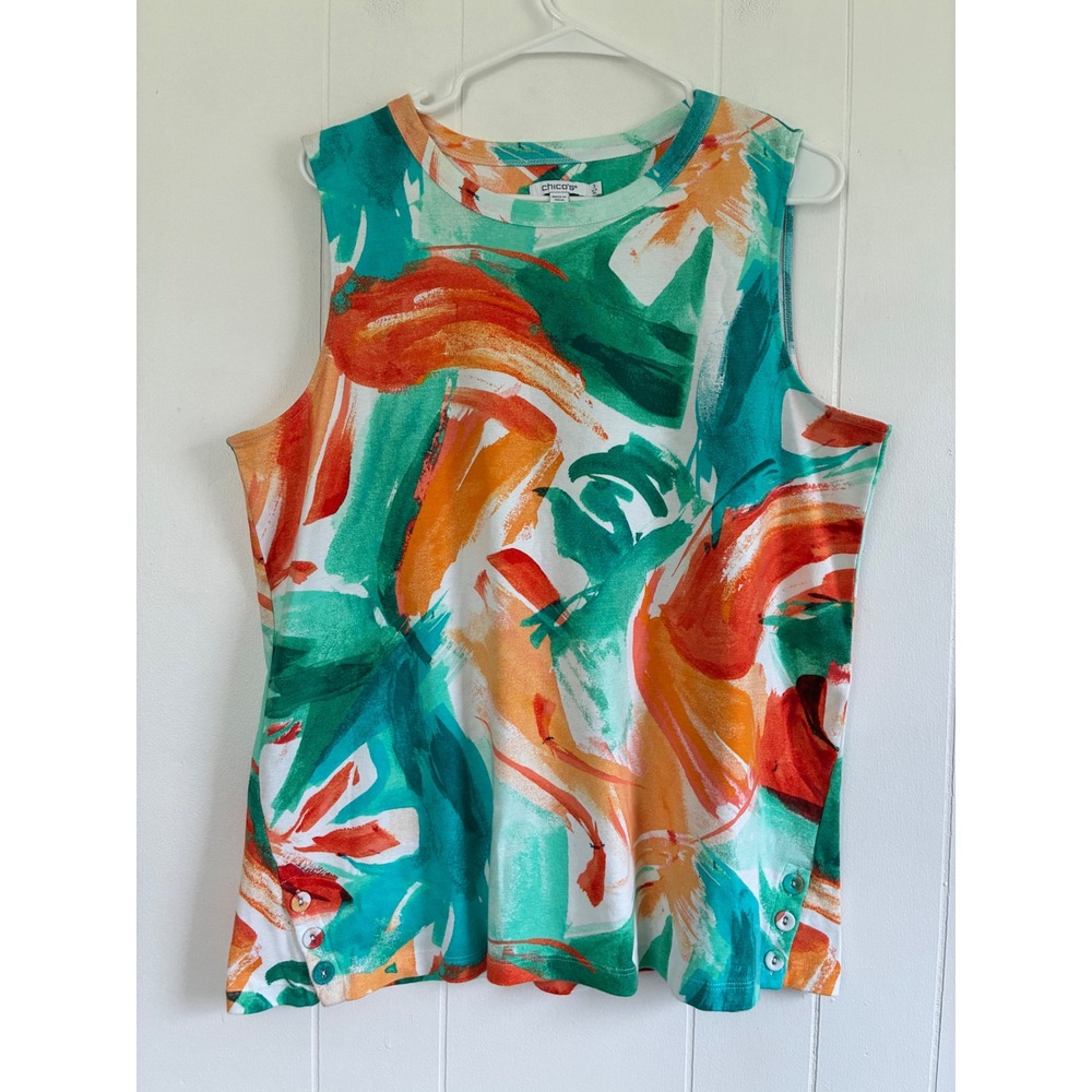 Chico's Women Abstract Brushstroke Sleeveless Knit Top Orange Teal Size 3 XL